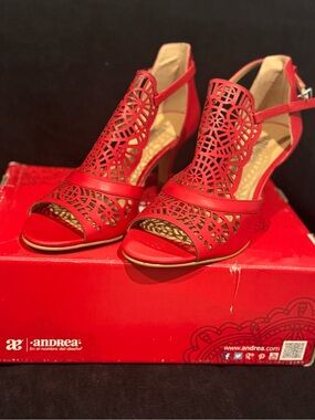 ANDREA FENZI Red Laser-Cut Open-Toe Slingback Heels